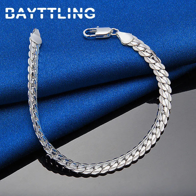 New 925 Sterling Silver 18K Gold 8 Inches 6MM Side Chain Bracelet For Women Fashion Charm Men Jewelry Gift Accessories