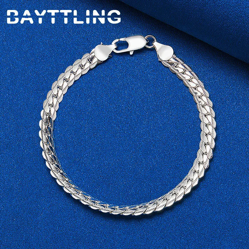 New 925 Sterling Silver 18K Gold 8 Inches 6MM Side Chain Bracelet For Women Fashion Charm Men Jewelry Gift Accessories