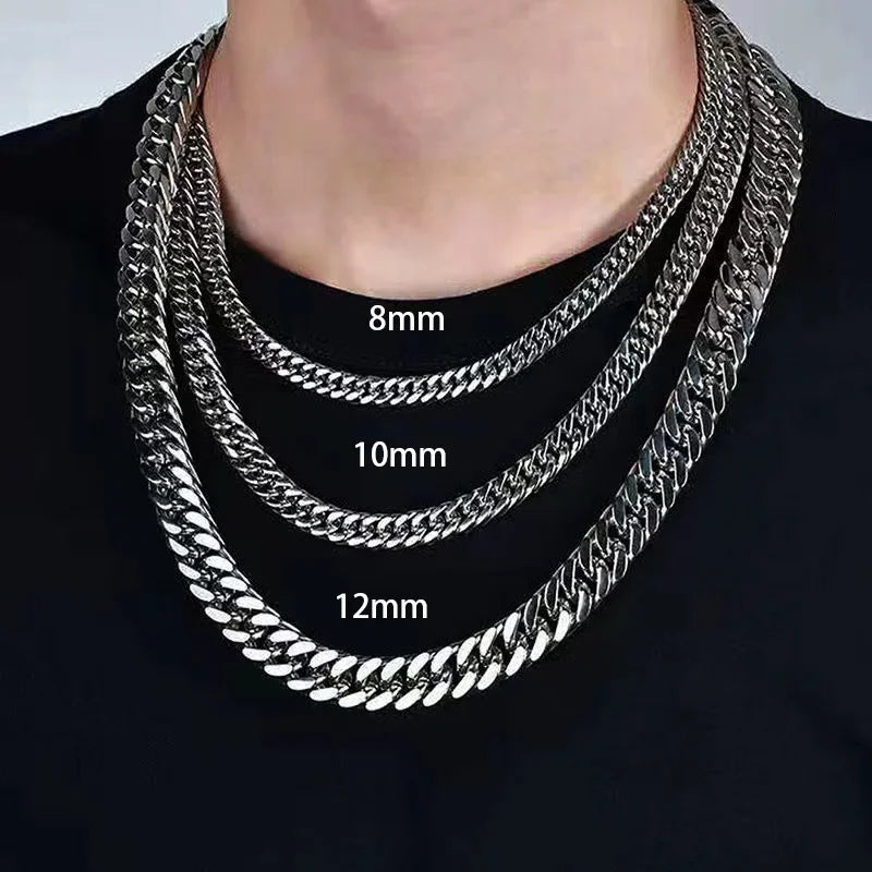 HNSP Stainless Steel Cuban Link Chain Necklace For Men Jewelry 8MM-14MM Width Male Neck Accessories