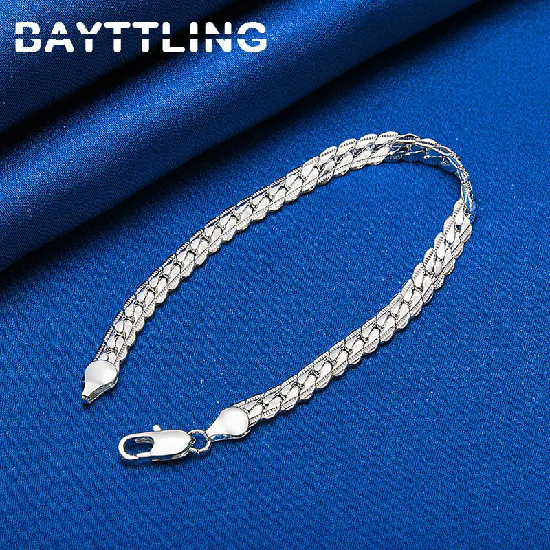 New 925 Sterling Silver 18K Gold 8 Inches 6MM Side Chain Bracelet For Women Fashion Charm Men Jewelry Gift Accessories