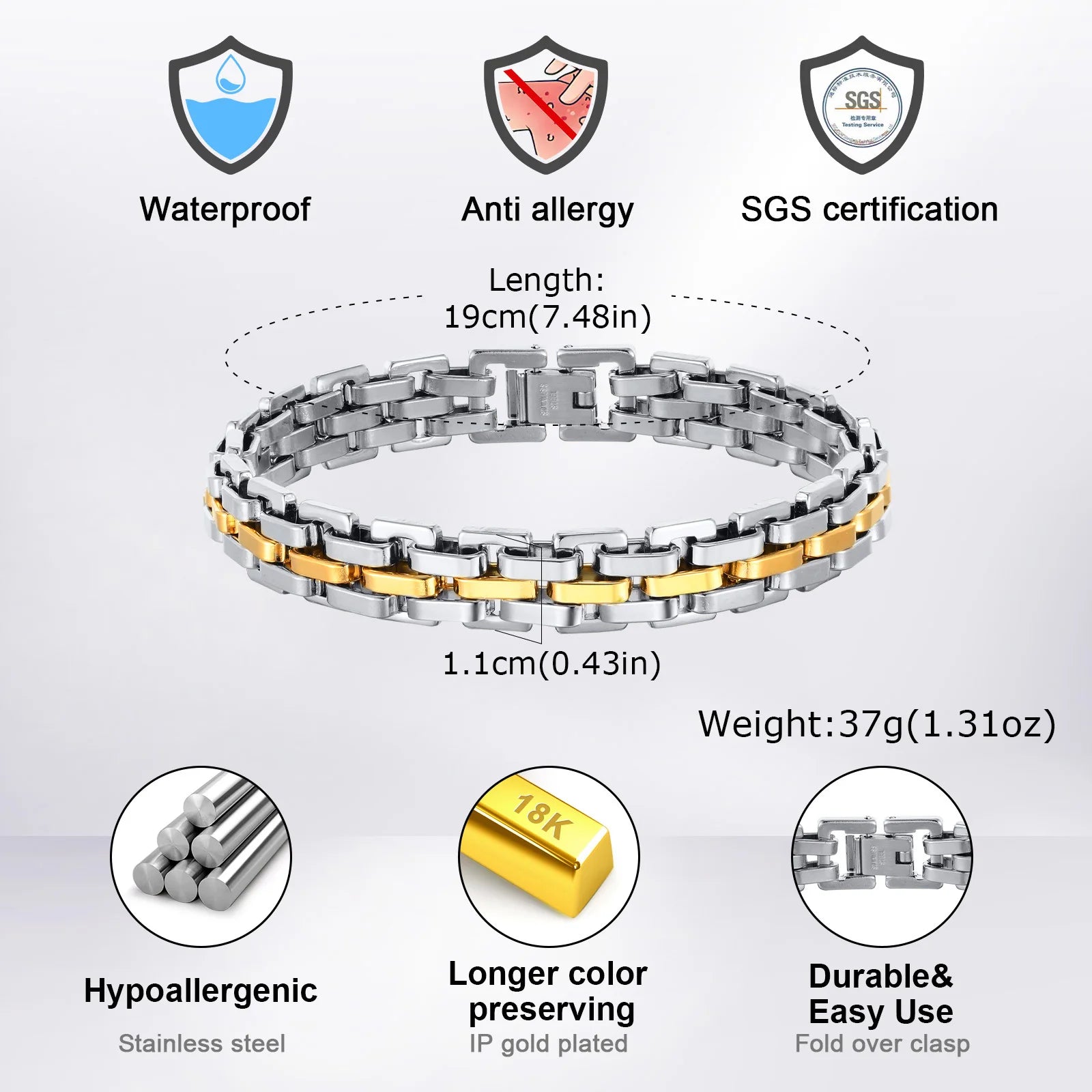 Vnox Thick Masculine Wtach Band Link Bracelets for Men, 11mm Stainless Steel Handmade Link Wristband, Gentle Punk Gift for Him