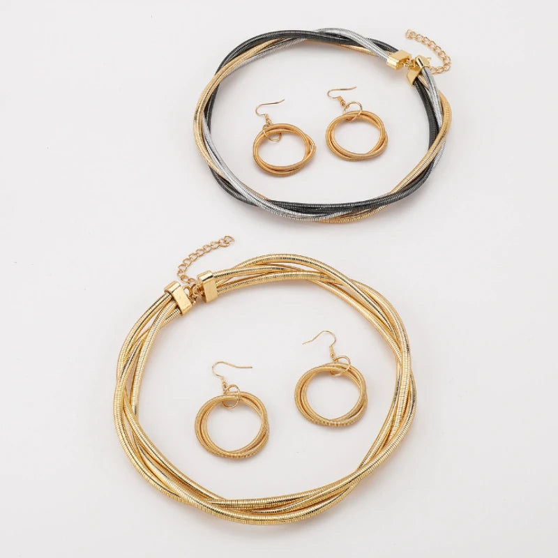 Personalized Punk Style Twisted Multi-layer Necklace Earrings, Women's Fashion Trend Jewelry Set Holiday Accessories 2pcs/set