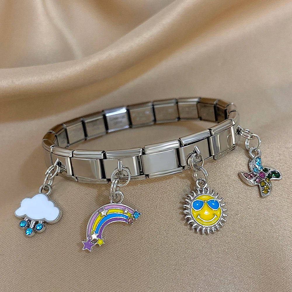 Greatera Castle Girl Panda Colorful Flower Smiling Face Sun Moon Pattern Pendant Bangle Personality Multiple Style Bracelet New