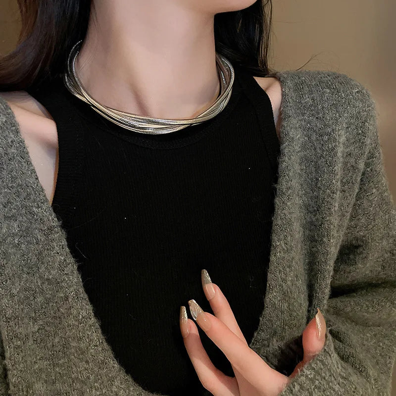 European American Multi-layer Winding Versatile Necklace for Women Fashion Personality Geometric Neck Chain Jewelry Accessories