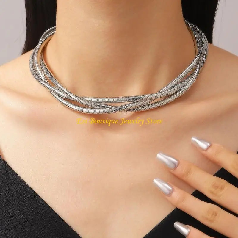 4XBE Women's Punk 3 Strands Wrap Chain Necklace and Bracelet Set Geometric Wristband and Neckchain Jewelry Set