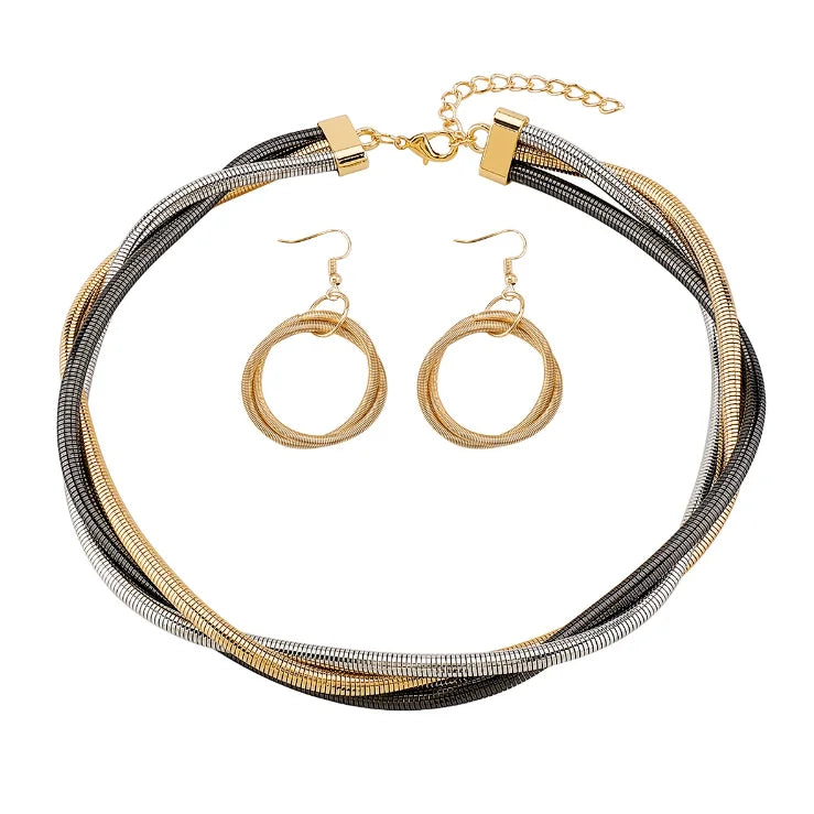 Personalized Punk Style Twisted Multi-layer Necklace Earrings, Women's Fashion Trend Jewelry Set Holiday Accessories 2pcs/set