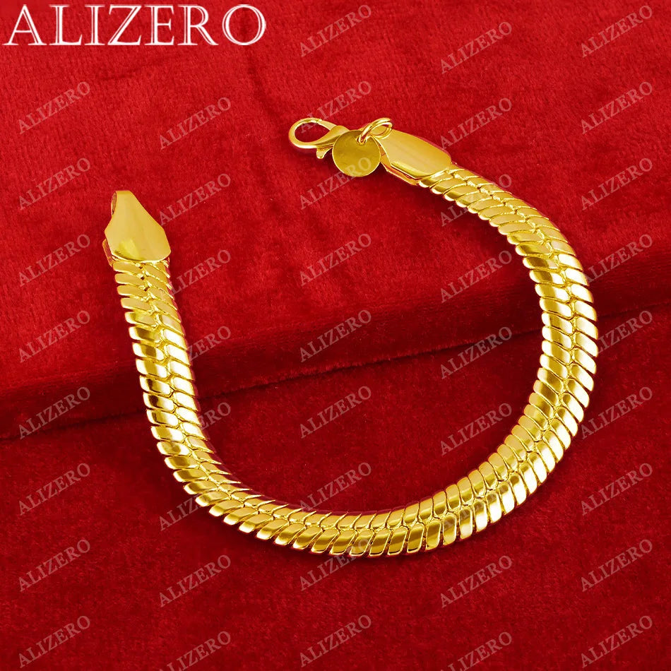 ALIZERO 18K Gold Bracelet 10mm Snake Bone Chain Bracelets For Women Men Fashion Wedding Party Jewelry Gift