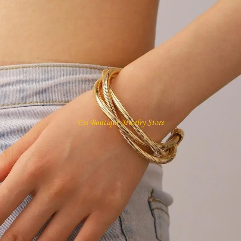4XBE Women's Punk 3 Strands Wrap Chain Necklace and Bracelet Set Geometric Wristband and Neckchain Jewelry Set