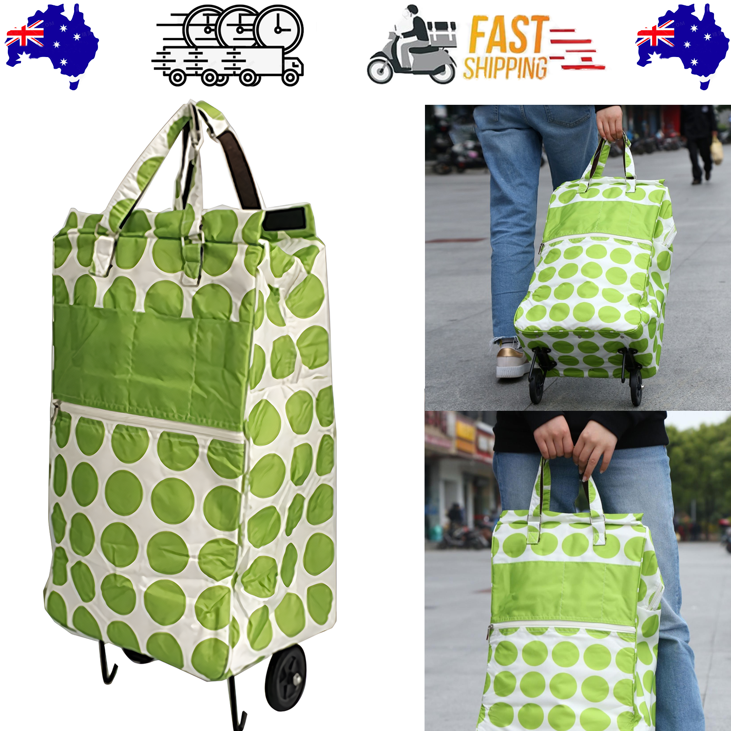 NNEDSZ Shopping Trolley Cart Bag Foldable Wheels Carts Bags Market Luggage Basket green circle