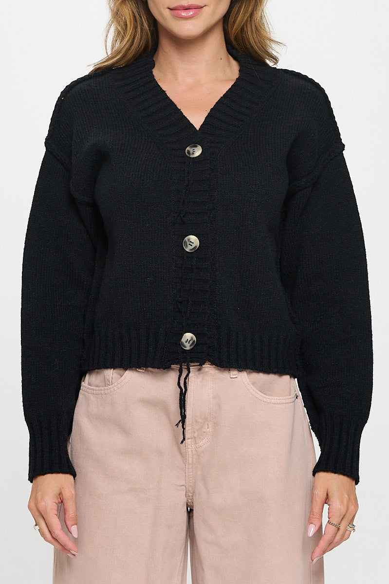 Thick Knit Long Sleeve Cardigan with Buttons-1