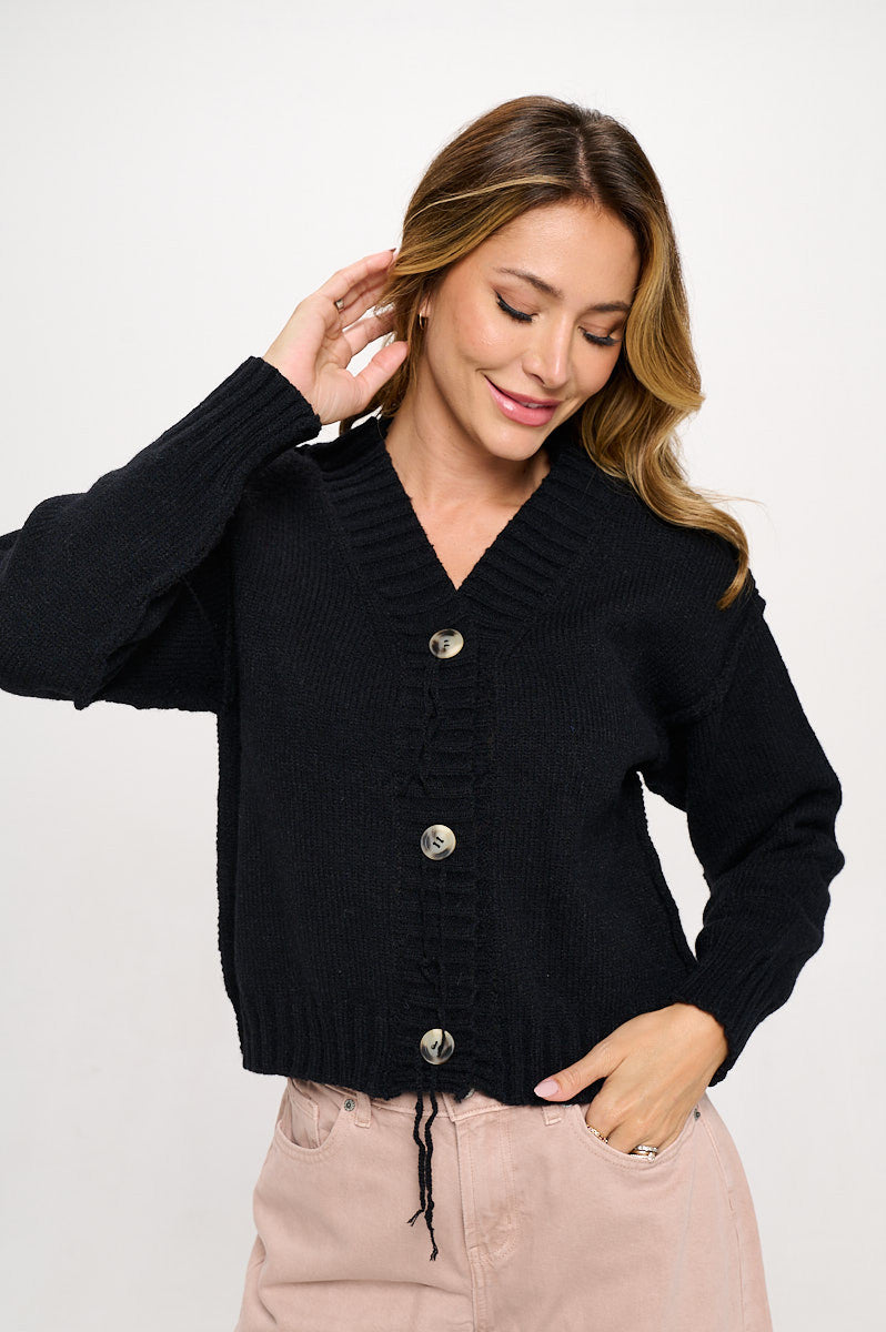 Thick Knit Long Sleeve Cardigan with Buttons-0