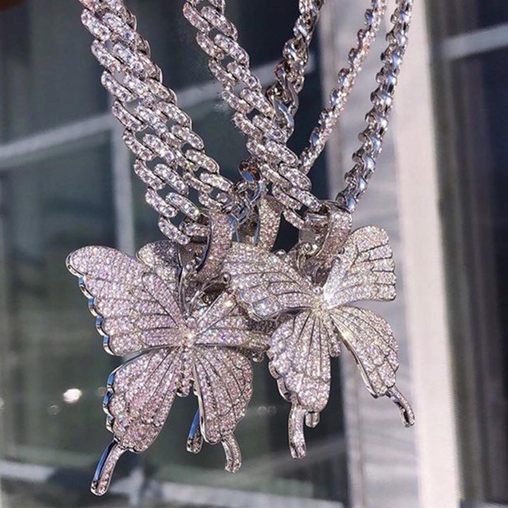Iced Out Butterfly Necklace Chain for Women Wholesale New Crystal Rhinestone Pink Gold Cuban Link Choker Necklace Party-3