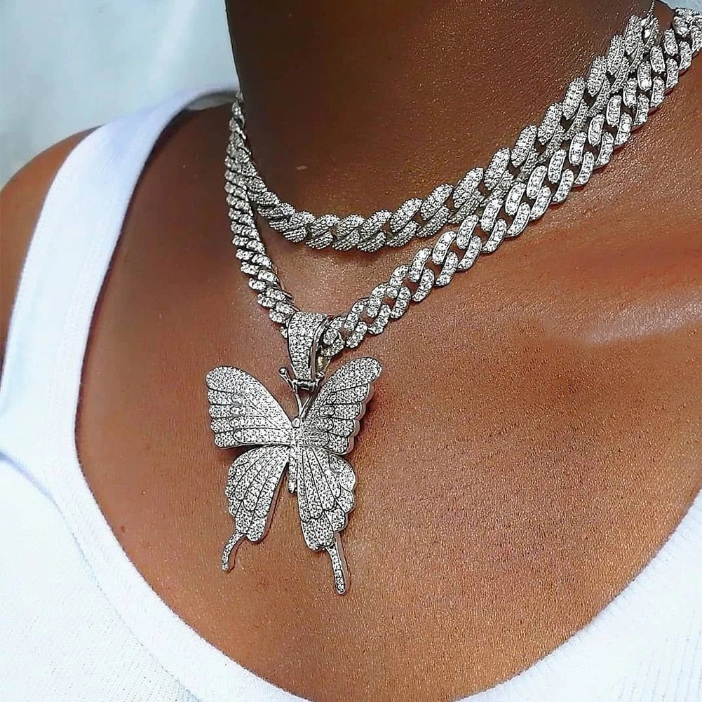 Iced Out Butterfly Necklace Chain for Women Wholesale New Crystal Rhinestone Pink Gold Cuban Link Choker Necklace Party-2