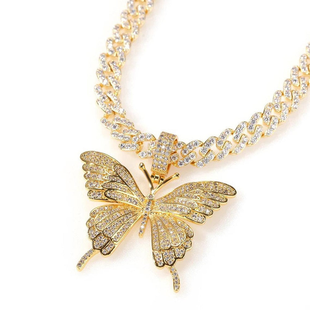 Iced Out Butterfly Necklace Chain for Women Wholesale New Crystal Rhinestone Pink Gold Cuban Link Choker Necklace Party-4