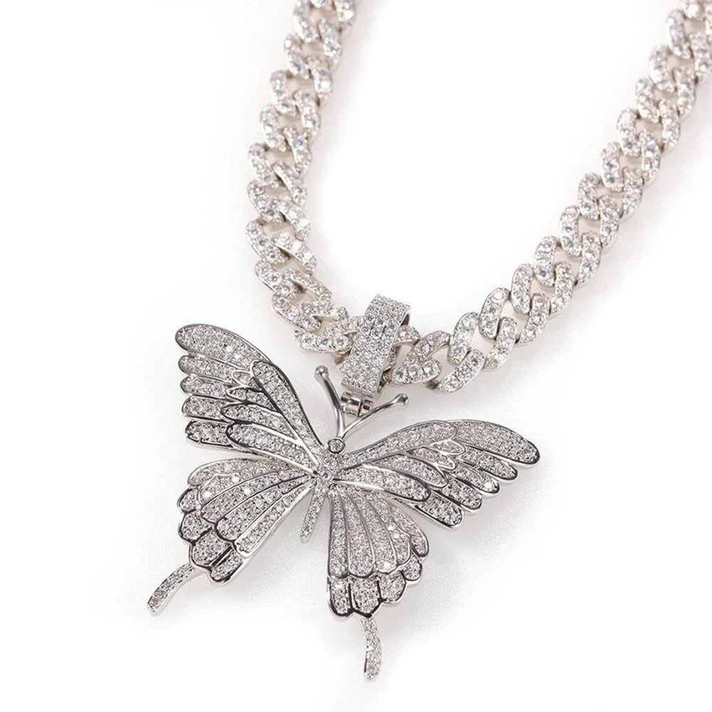 Iced Out Butterfly Necklace Chain for Women Wholesale New Crystal Rhinestone Pink Gold Cuban Link Choker Necklace Party-1